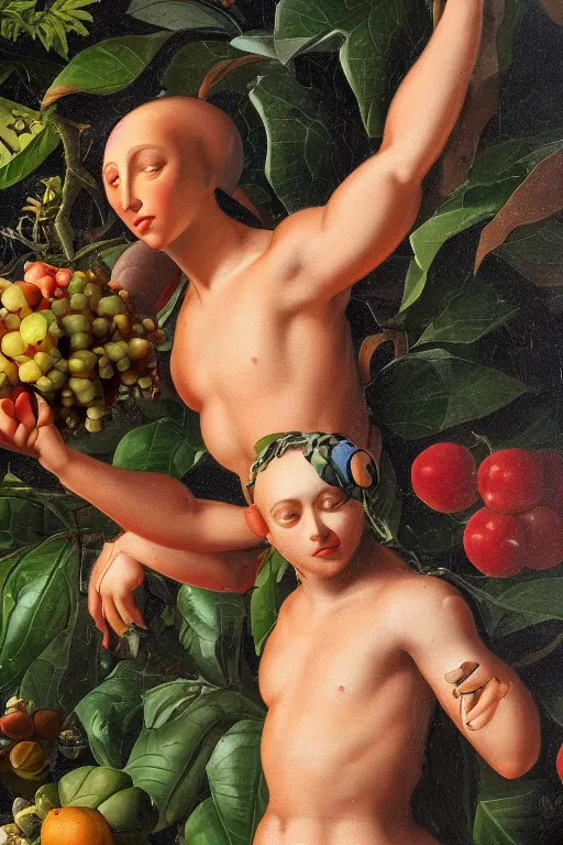 Image similar to cyborg and human, garden with fruits on trees, closeup, ultra detailed, Guido Reni style