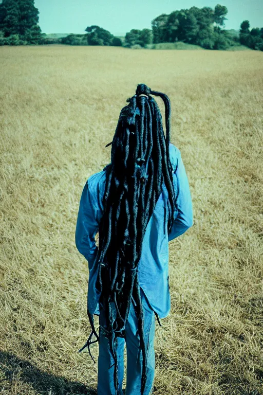 Prompt: kodak ultramax 4 0 0 photograph of a goth guy with long blue dreads standing in a field, back view, grain, faded effect, vintage aesthetic,