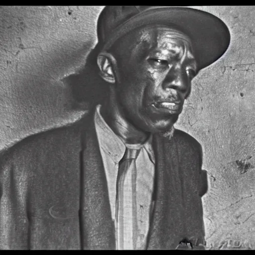 Prompt: b & w photograph!!! of 1 9 3 0 s mississippi bluesman, photorealistic!!!, photography!!!, creepy, creepypasta, historic, dark, gritty