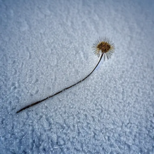Prompt: “award winning photo of a single dandelion in the snow, 8k, highly detailed, hyper realistic, closeup photography”