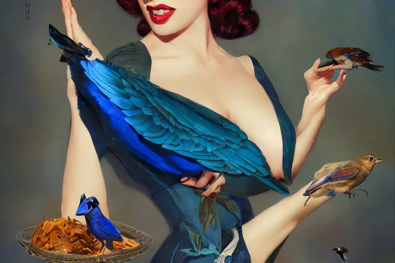 Image similar to pinup girl holding an indigo bunting, bird, the bird is wearing a bowtie, by greg rutkowski, rossdraws, gil elvgren, enoch bolles, anime, porcelain skin, very coherent