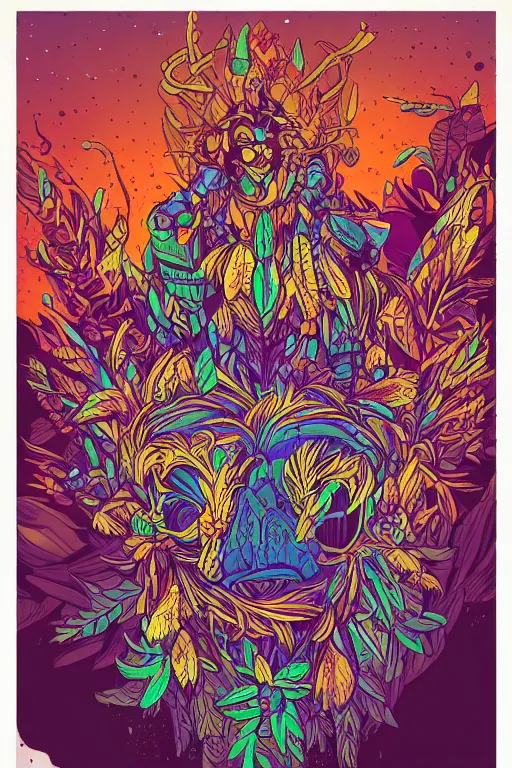 Image similar to animal mask totem roots flower tribal feather gemstone plant wood rock shaman vodoo video game vector cutout illustration vivid multicolor borderlands comics by josan gonzales and dan mumford radiating a glowing aura