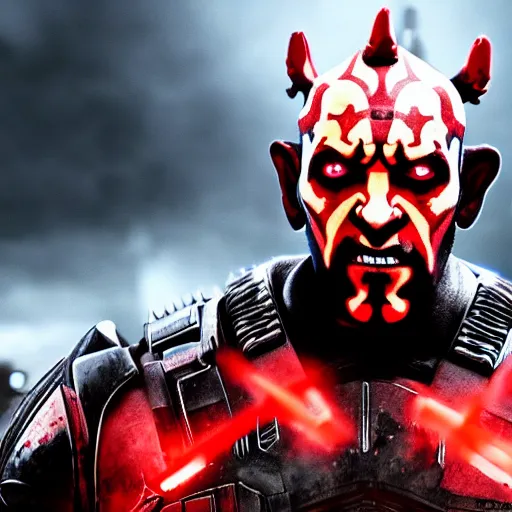 Image similar to Darth Maul in gears of war, splash art, movie still, detailed face, cinematic lighting, dramatic, octane render, long lens, shallow depth of field, bokeh, anamorphic lens flare, 8k, hyper detailed, 35mm film grain