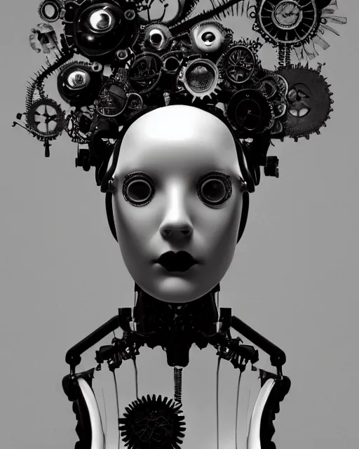 Image similar to black and white dreamy foggy profile face portrait, one steampunk eye biomechanical beautiful young female cyclope - cyborg - robot bust, body ribs meshes,, volumetric light, hibiscus flowers, by hg giger, rim light, by dora maar and cecile beaton, big gothic fashion pearl embroidered collar, 8 k