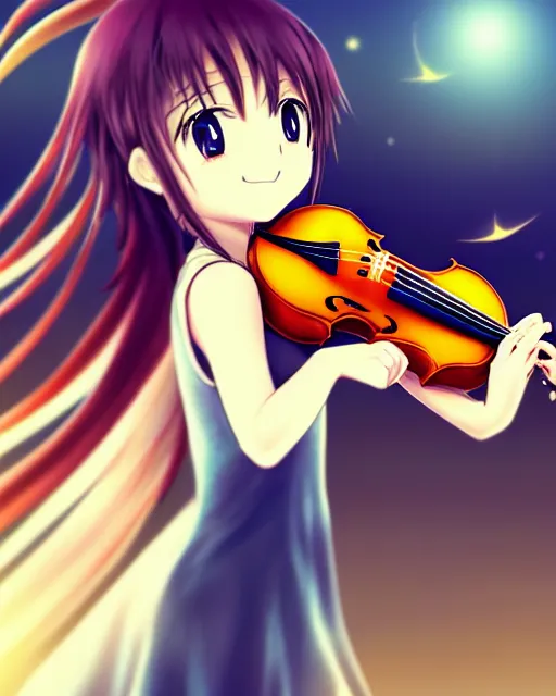 Image similar to anime style, chibi, full body, a cute girl with white skin and golden long wavy hair holding a violin and playing a song, heavenly, stunning, filters applied, lunar time, trending art, sharp focus, centered, landscape shot, happy, fleeting dream, simple background, studio ghibly makoto shinkai yuji yamaguchi, by wlop