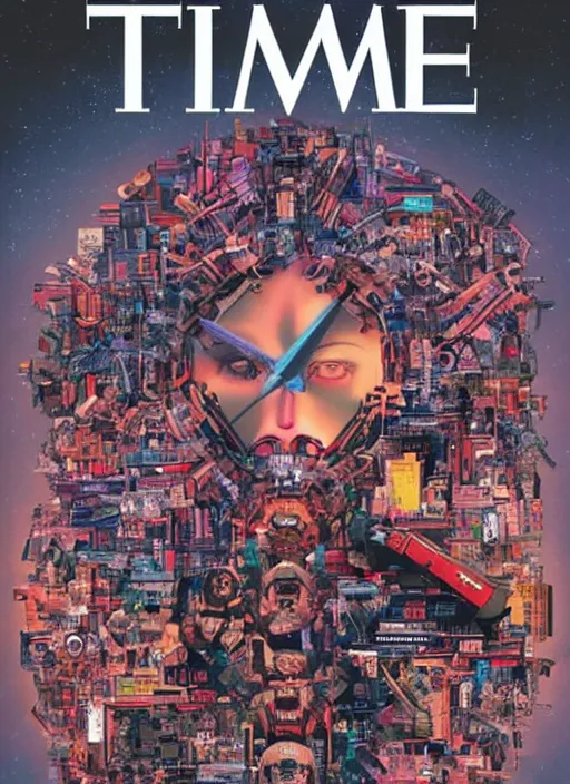 Prompt: TIME magazine cover, the coming AI singularity, by Dan Mumford and Sandra Chevrier, 4k, 8k