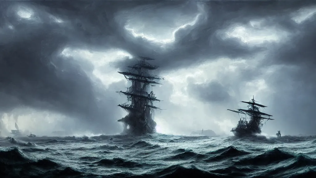Prompt: small boat in the foreground. massive giant kraken coming out of a stormy sea all sides, giant waves, lightning in background, intricate, detailed, volumetric lighting, sharp focus, scenery, photorealism, digital painting, highly detailed, concept art, ruan jia, dark souls, steve mccurry