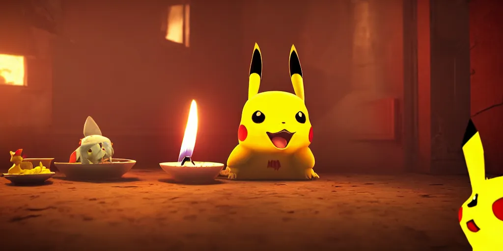 Prompt: pikachu devouring and eating and killing a dog sharp teeth burtal eyes scary mouth dark room red candles trash bin octane unreal engine render 8k photorealistic extreme detail textured