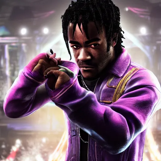 Prompt: a videogame still of Lil Uzi Vert in Tekken 7, portrait, 40mm lens, shallow depth of field, close up, split lighting, cinematic