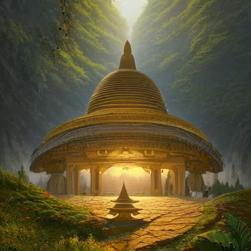 Image similar to A beautiful hyper realistic detailed matte painting of a lotus shaped temple nestled in forest mountains by John Howe and Albert Bierstadt and Alena Aenami and dan mumford and dave noton, unreal engine, trending on behance