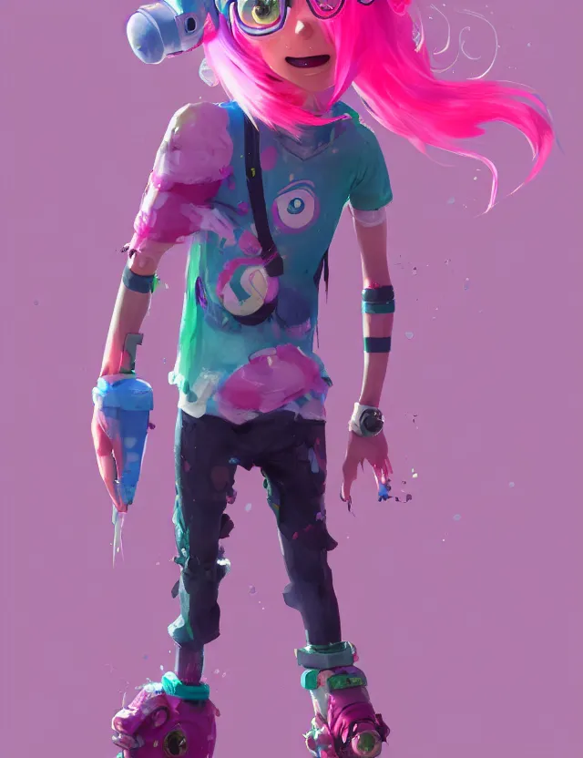 Prompt: a beautiful fullbody portrait of a cute splatoon male inkling with pink hair wearing tshirt leggings under sport shorts. character design by cory loftis, fenghua zhong, ryohei hase, ismail inceoglu and ruan jia. artstation, volumetric light, detailed, photorealistic, fantasy, rendered in octane