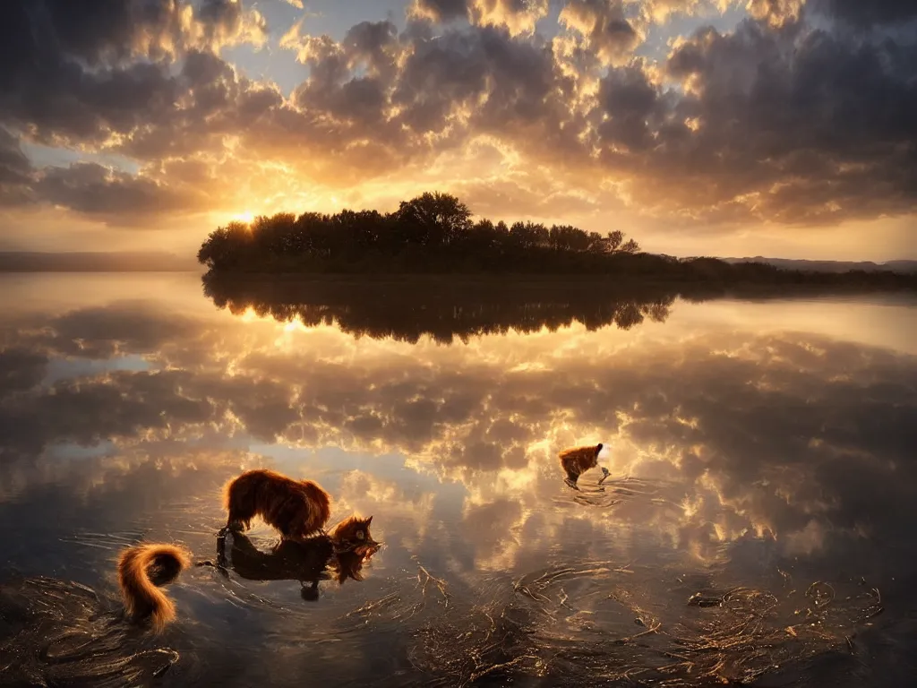 Prompt: amazing landscape photo of a maine coon bathing in a lake in sunset by marc adamus, beautiful dramatic lighting