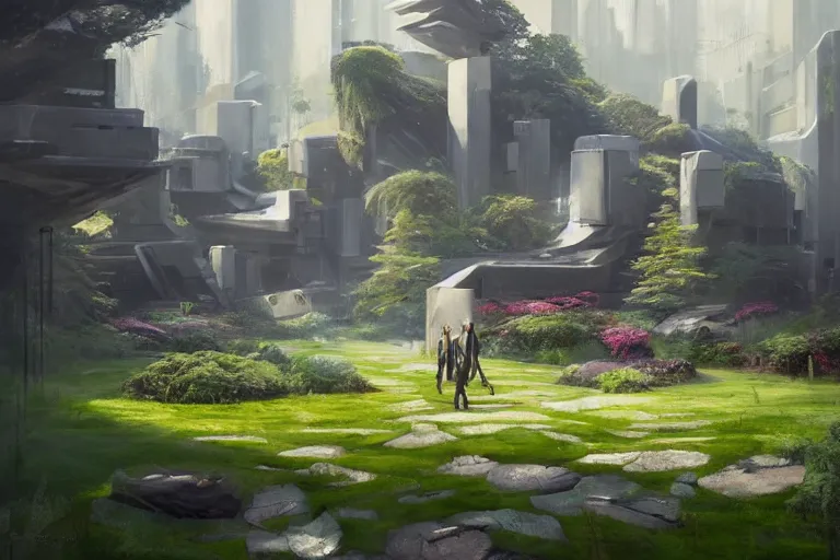 Image similar to Brutalist Shiro surrounded by manicured gardens, amazing cinematic concept painting, by Jessica Rossier