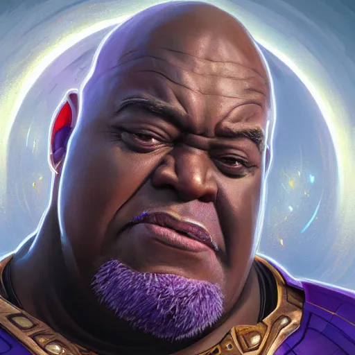 Image similar to portrait of Lavell Crawford as Thanos, elegant, intricate, headshot, highly detailed, digital painting, artstation, concept art, sharp focus, illustration, art by artgerm and greg rutkowski and alphonse mucha