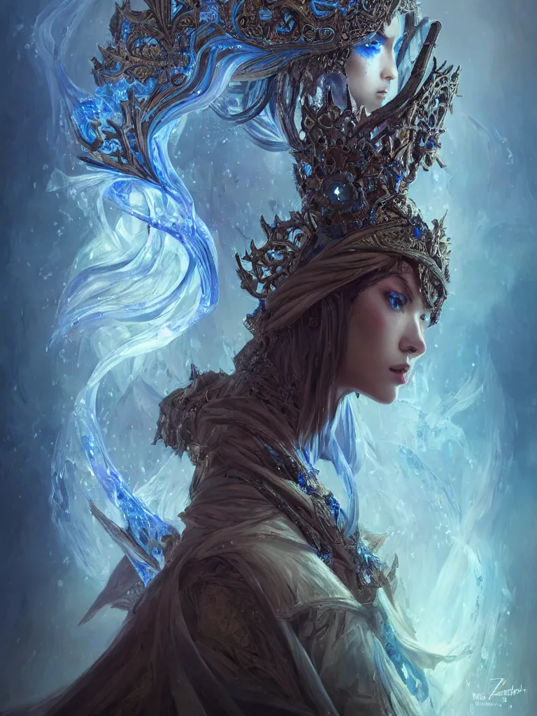 Prompt: A beautiful fantasy assassin, highly detailed portrait, detailed intricate fractal gothic crown, blue flame, fractal silk, epic composition, ultra wide-shot, concept art, beautifully lit, digital painting, smooth, character design, sharp focus, elegant, intricate, post processing, artstation, by WLOP, ruan jia, Alexi zaitsev, Denis sarazhin