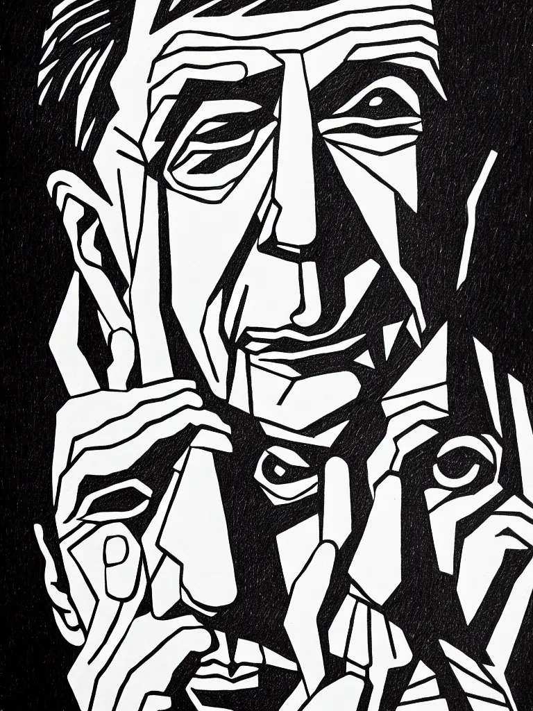 Prompt: a detailed line art portrait of writer leonard cohen, inspired by cubism.