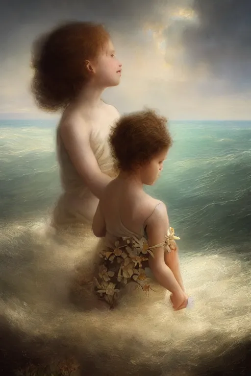 Prompt: breathtaking detailed soft painting of children seeing golden sea breams in the blue shore, with flowers foam lullaby and wind with wings, rembrandt style, elegant, highly detailed, artstation, concept art, matte, sharp focus, art by tom bagshaw, and greg rutkowski