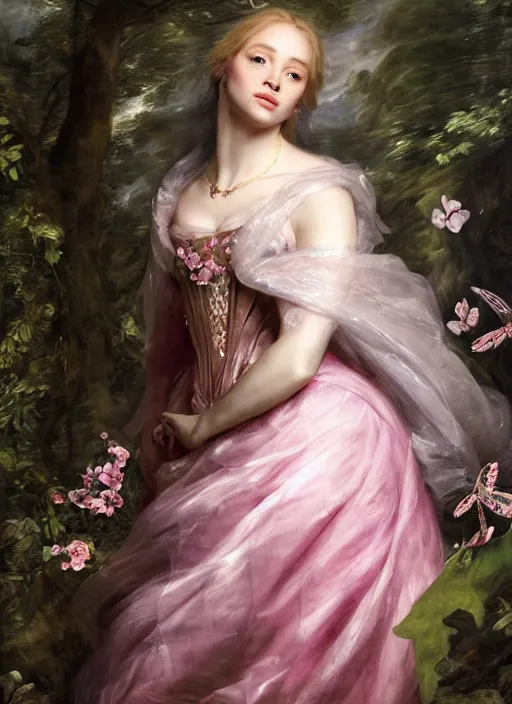 Image similar to Beautiful elsa, Looks like pink ranger, In the woods, Dramatic, Edge, Good, Infused, Backlight, De-Noise, VFX, insanely detailed and intricate, hypermaximalist, elegant, ornate, hyper realistic, super detailed, by Anthony Van Dyck, by Ivan Shishkin, by John Constable