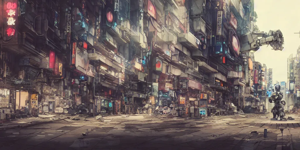 Image similar to a robot mecha wandering in a deserted shinjuku junk town, anime watercolor, soft bloom lighting, paper texture, movie scene, cyberpunk, animatronic, black smoke, pale beige sky pencil marks hd, 4k, remaster, dynamic camera angle, deep 3 point perspective, fish eye, dynamic scene