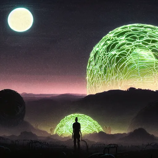 Image similar to alien world made from wires, detailed landscape, intricate complexity, 3 bright moons, green glow, by greg rutkowski, artgerm, ross tran, conrad roset, takato yomamoto, ilya kuvshinov. 4 k, beautiful, cinematic dramatic atmosphere