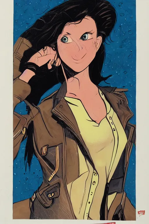 Image similar to portrait of an attractive young female protagonist, center focus, wearing leather jacket, in city street, detailed face, artwork by ralph bakshi