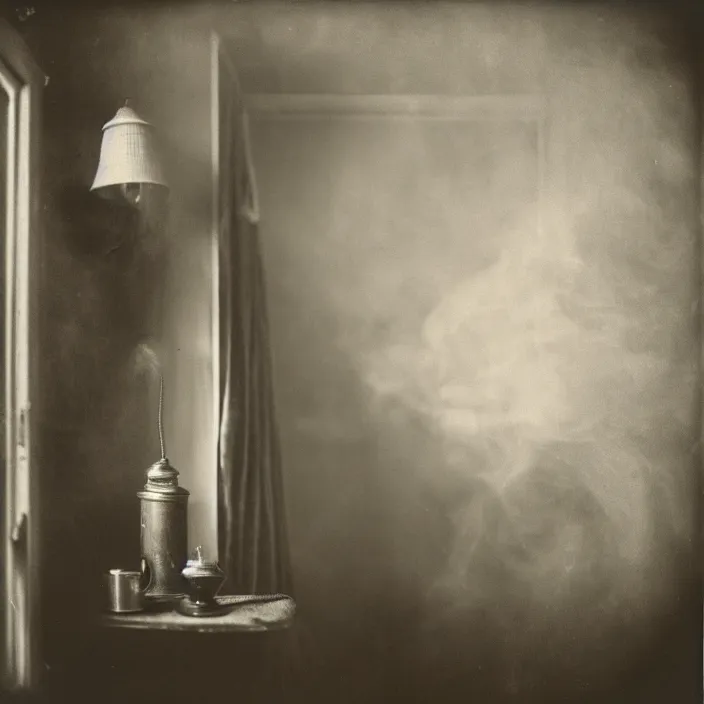 Prompt: kodak portra 4 0 0, wetplate, fisheye, award - winning portrait by britt marling, 1 9 2 0 s outside porch, ghost, picture frames, shining lamps, dust, smoke, 1 9 2 0 s furniture, wallpaper, carpet, books, muted colours, wood, fog,