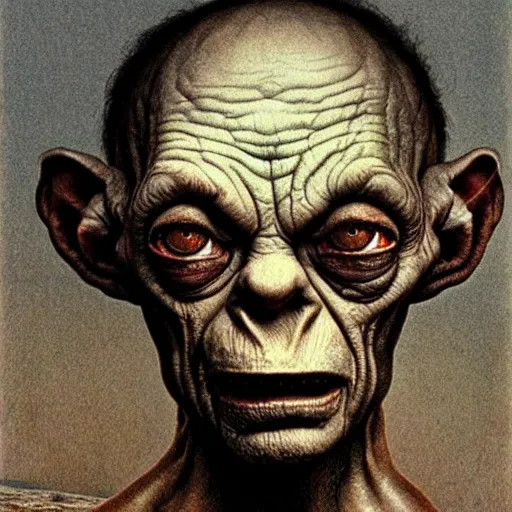 Image similar to gollum smeagol grotesque, ultra detailed, ultra realistic, by beksinski, alejandro jodorowsky