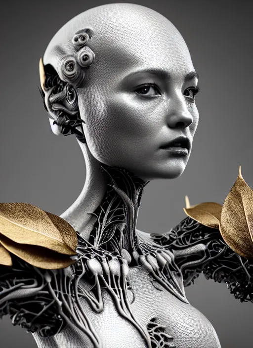 Image similar to bw contrasted close - up profile face, black background, beautiful young porcelain vegetal - dragon - cyborg - female, 1 5 0 mm, beautiful natural soft rim light, silver gold details, magnolia leaves and stems, roots, mandelbot fractal, elegant, ultra detailed, white metallic armour, octane render, h. r. giger style