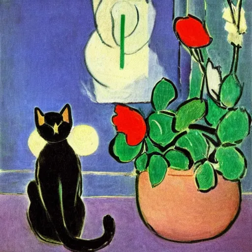 Prompt: an 1899 painting by Henri Matisse of a cat sniffing a flower, while a butterfly flies overhead