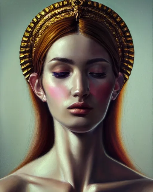 Image similar to portrait of a beautiful goddess, enigmatic beauty, head in focus, intricate, esoteric, elegant, highly detailed, hyperrealistic painting, concept art, painterly, sharp focus, art by