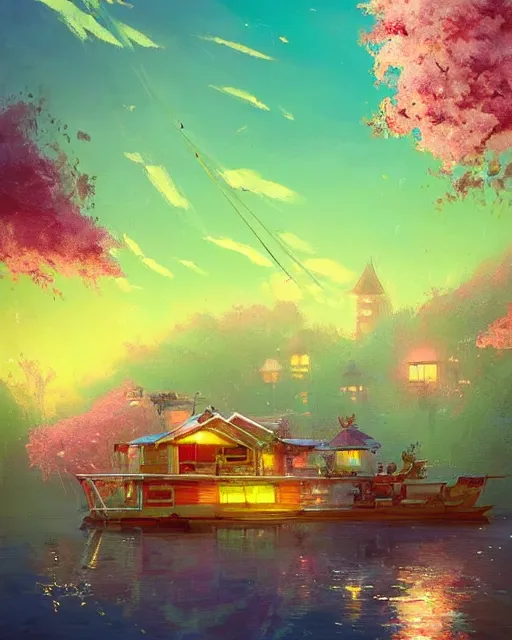Image similar to a houseboat by a small fishing village on the river | cherry - blossoms | highly detailed | very intricate | serene romantic fantasy whimsical magical | professional cinematic lighting | pixar | award - winning | matte painting by anton fadeev and paul lehr and rhads and alena aenami | pastel color palette | featured on artstation