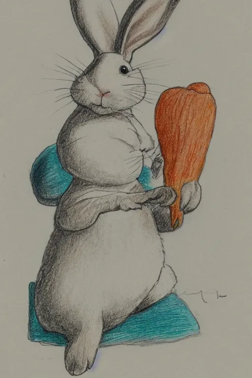 Image similar to drawing of white rabbit, holding a carrot, sitting at a desk, Beatrix Potter, turquoise