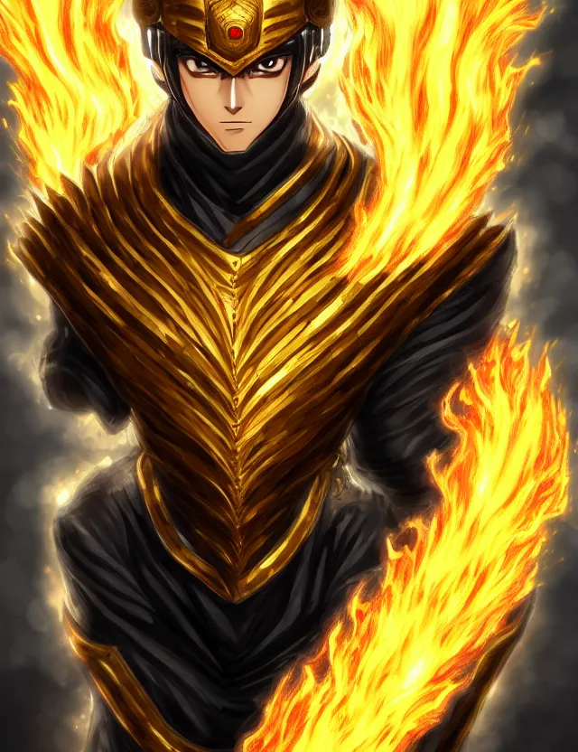 Image similar to a detailed manga portrait of a black haired man with hazel eyes in gleaming golden armour that burns with golden fire, trending on artstation, digital art, 4 k resolution, detailed, high quality, sharp focus, hq artwork, coherent, insane detail, character portrait