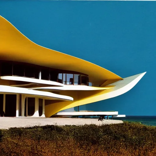 Prompt: architecture ad for a shell mid-century modern house by the beach designed by Zaha Hadid. Film grain, cinematic, colorized, yellow hue.