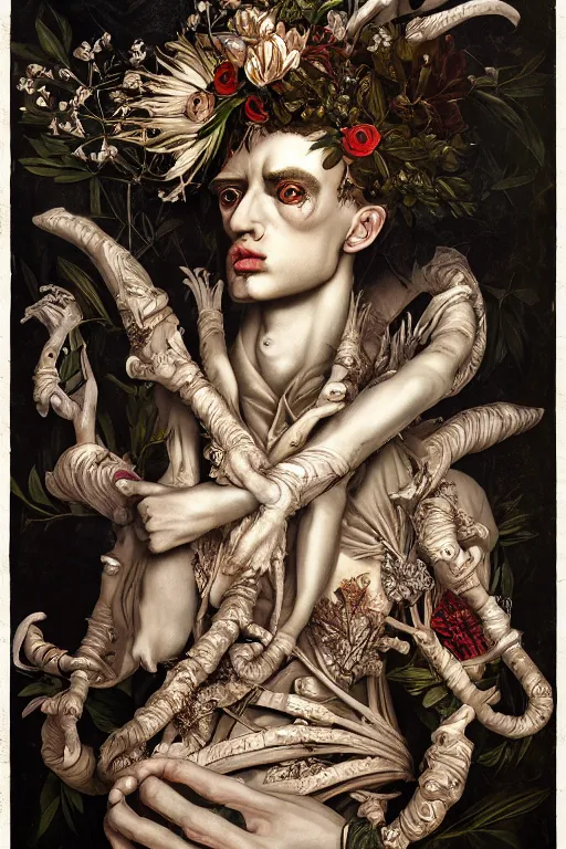 Image similar to Detailed maximalist portrait a Greek god with large lips and with large white eyes, exasperated expression, botany bones, HD mixed media collage, highly detailed and intricate, surreal illustration in the style of Caravaggio, dark art, baroque