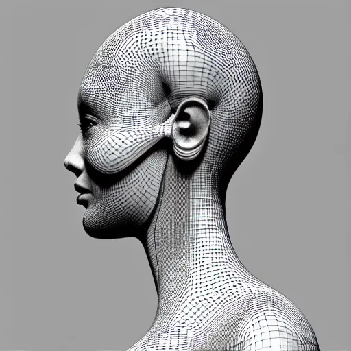 Image similar to a black and white 3D render of a beautiful portrait of a young female angelic-dragon-cyborg face with a very long neck, 150 mm, orchids, Mandelbrot fractal, anatomical, flesh, facial muscles, veins, arteries, full frame, microscopic, elegant, highly detailed, flesh ornate, elegant, high fashion, rim light, ray trace, octane render in the style of H.R. Giger and Man Ray, Realistic, Refined, Digital Art, Highly Detailed, Cinematic Lighting, rim light, black and white, photo-realistic Unreal Engine, 8K