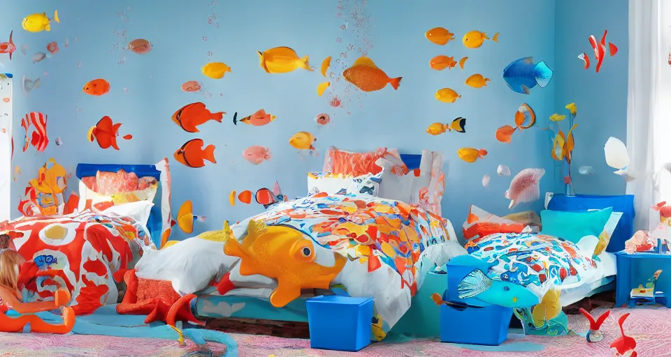 Prompt: IKEA catalogue photo of an underwater childrens bedroom, coral reef, fish, sharks, clown fish, angel fish, dappled light, sun rays