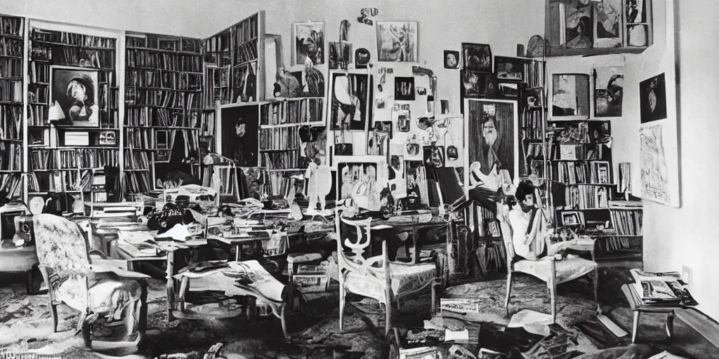 Image similar to a writer's room, lots of screens and cinema, super cinematic, detailed, wonderful creative, by charles addams and hilma af klint and affandi