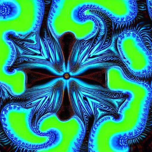 Prompt: close up of glowing, neon blue eyes with fractal patterns