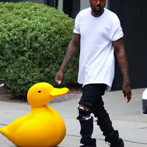 Image similar to a paparazzi photo of kanye west walking next to a giant duck