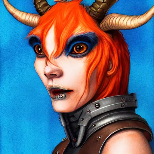 Prompt: illustrated realistic portrait female ram-horned kobold that has orange skin and blue hair with black evil devil eyes wearing leather armor by rossdraws