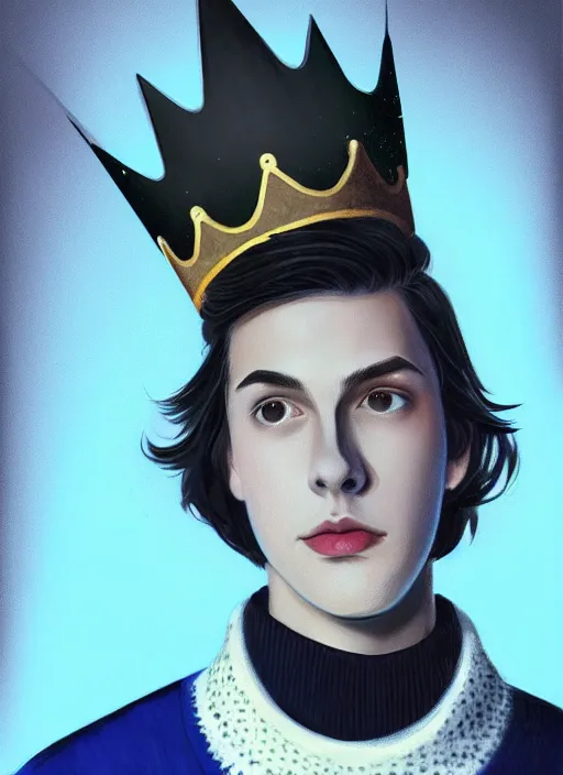 Image similar to portrait of teenage jughead jones wearing a light grey crown, crown, blue turtleneck, 1 9 5 0 s, closed eyes, photorealistic, black hair, glowing lighting, intricate, elegant, glowing lights, highly detailed, digital painting, artstation, concept art, smooth, sharp focus, illustration, art by wlop, mars ravelo and greg rutkowski