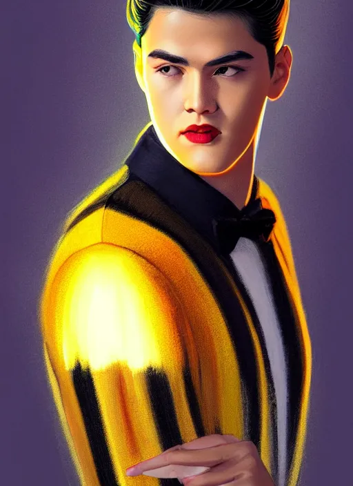 Image similar to portrait of young reggie mantle, mean smirk, egotistical, slicked back hair, striped yellow and black sweater, 1 9 5 0 s, intricate, elegant, glowing lights, highly detailed, digital painting, artstation, concept art, smooth, sharp focus, illustration, art by wlop, mars ravelo and greg rutkowski