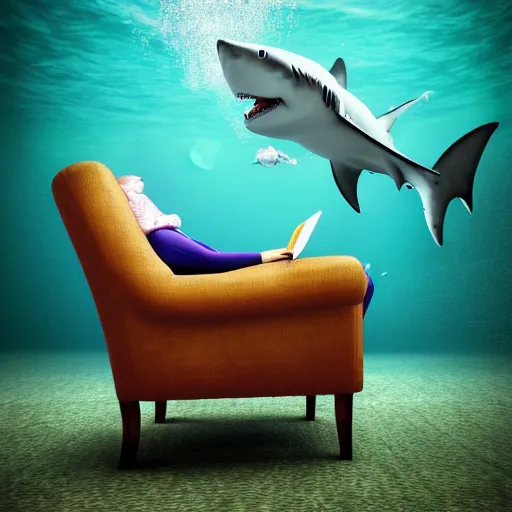 Image similar to a shark sitting in a chair reading a book underwater realistic hdr 8 k 3 5 mm