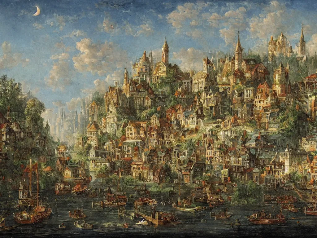 Prompt: an old enchanted fantasy town, viewed from the harbor, by jean - baptist monge,