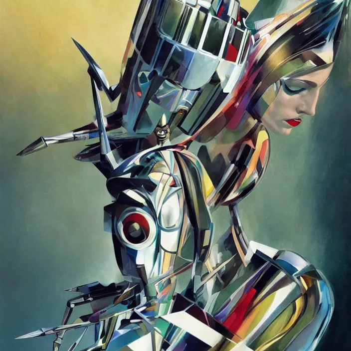 Image similar to cyborg princess, full body, high fashion, futurism, aerodynamic, flowing, intricate, slick, highly detailed, digital painting, vogue, concept art, smooth, sharp focus, hd, art by syd mead and kandinsky and annie leibovitz