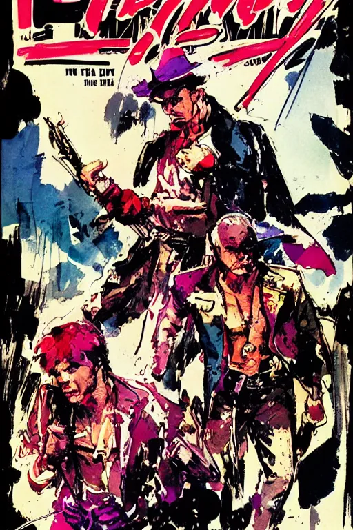 Image similar to comic cover for a book about 4 hit men arriving in the same secluded town. art by bill sienkiewicz.