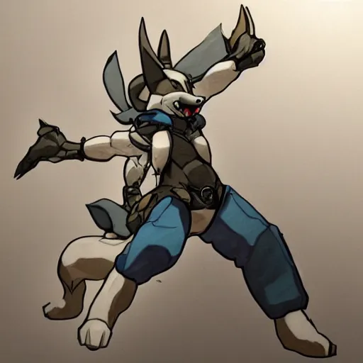 Prompt: Portrait of Lucario, made by Yoji Shinkawa, Highly detailed, fantasy themed, dynamic posing, concept art