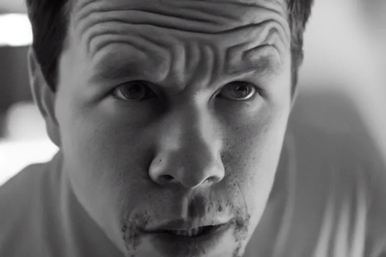 Image similar to mark wahlberg as matt daemon, all faces are distorted contorted, shock, repulsion, disgust, frustration, annoyance, laughter, smirk, snicker, cinematic still, movie still, long lens, shallow depth of field, bokeh, anamorphic lens flare, 8 k