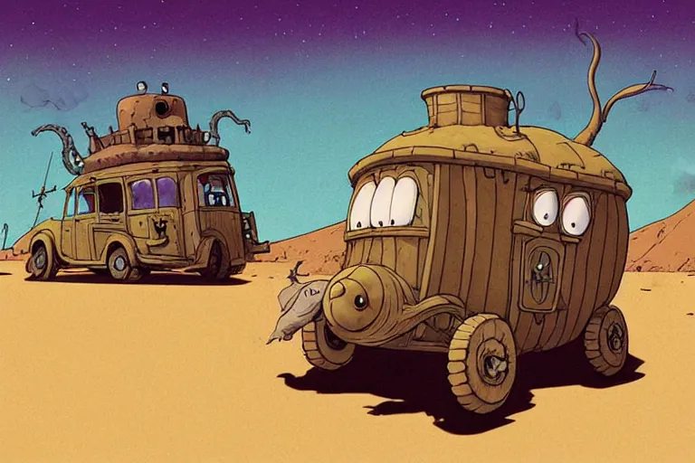 Prompt: a cell shaded cartoon of a lovecraftian turtle stage coach from howl's moving castle ( 2 0 0 4 ), on a desert road, in front of a full moon, full body, wide shot, very muted colors, post grunge, studio ghibli, laurie greasley, highly detailed, deviantart, art by artgem